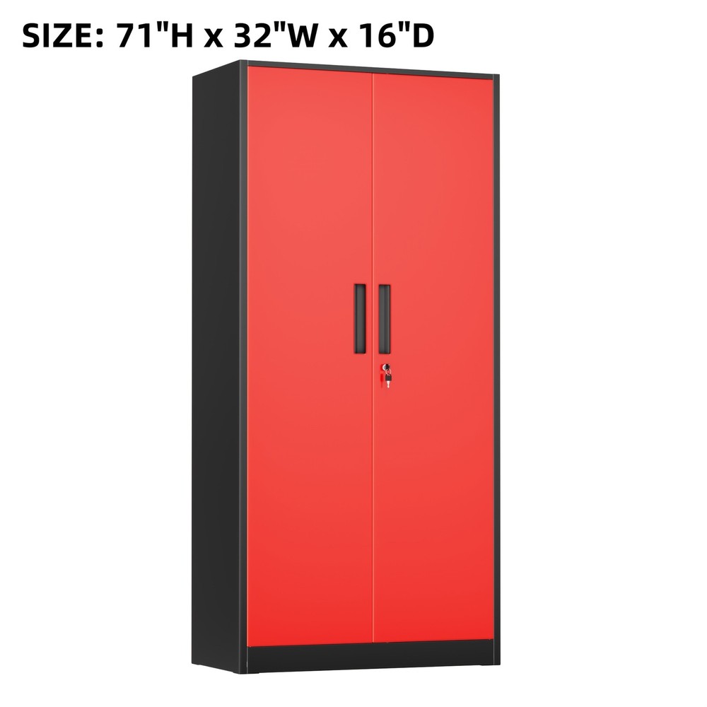 Black+Red Metal Storage Cabinet 71″H With 4 Adjustable Shelves Lockable