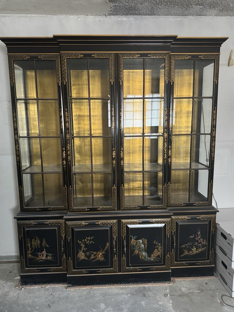 Vintage Chinoiserie Black Lacquer Breakfront Display Cabinet