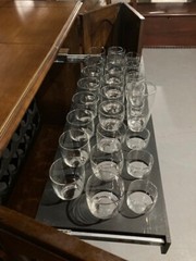 VTG (60’s) FLIP TOP DRY BAR CABINET W/GLASS SET /CASTERS / WINE RACK – ORIG OWNR