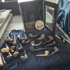 Antique Wooden Smokers Cabinet Including 21x Pipes and a tin see pics