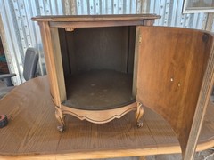 Antique Wood Bedside Cabinet Brown Raised Panel Doors Carvings 24x16x21in