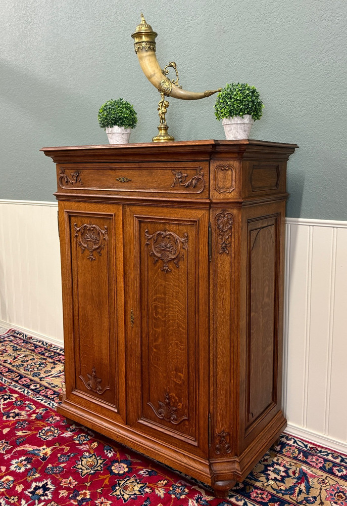 Antique French Double Door Cabinet Cupboard Carved Honey Oak Drawer early 20th