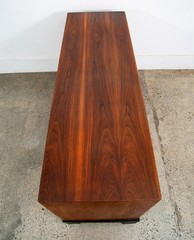 Mid Century Modern Credenza Cabinet Walnut Sliding Doors Storage Black Base Mcm
