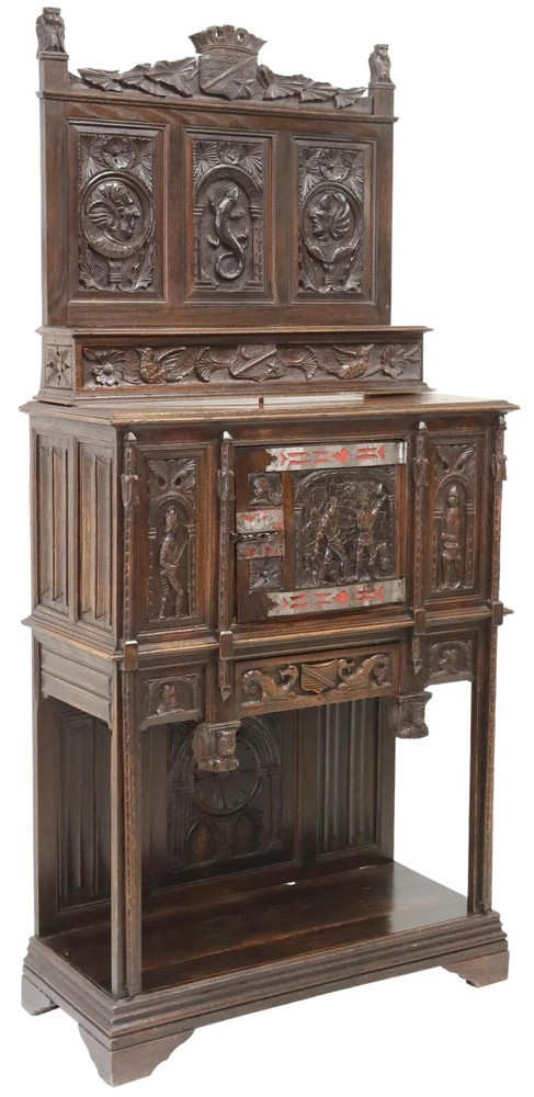 Cupboard, Cabinet, Vestry, Spanish Renaissance Revival, Oak, Crest, 1800s!