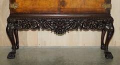 ANTIQUE BURR WALNUT LION HAIRY PAW FEET DRINKS CABINET WILLIAM & MARY STYLE