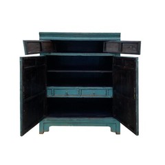 Chinese Vintage Carving Panel Tall Credenza Blue Storage Cabinet cs7515