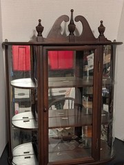 Antique 1940s Ferguson 7843 Mahogany Curved Glass Mirror Curio Case Wall Cabinet