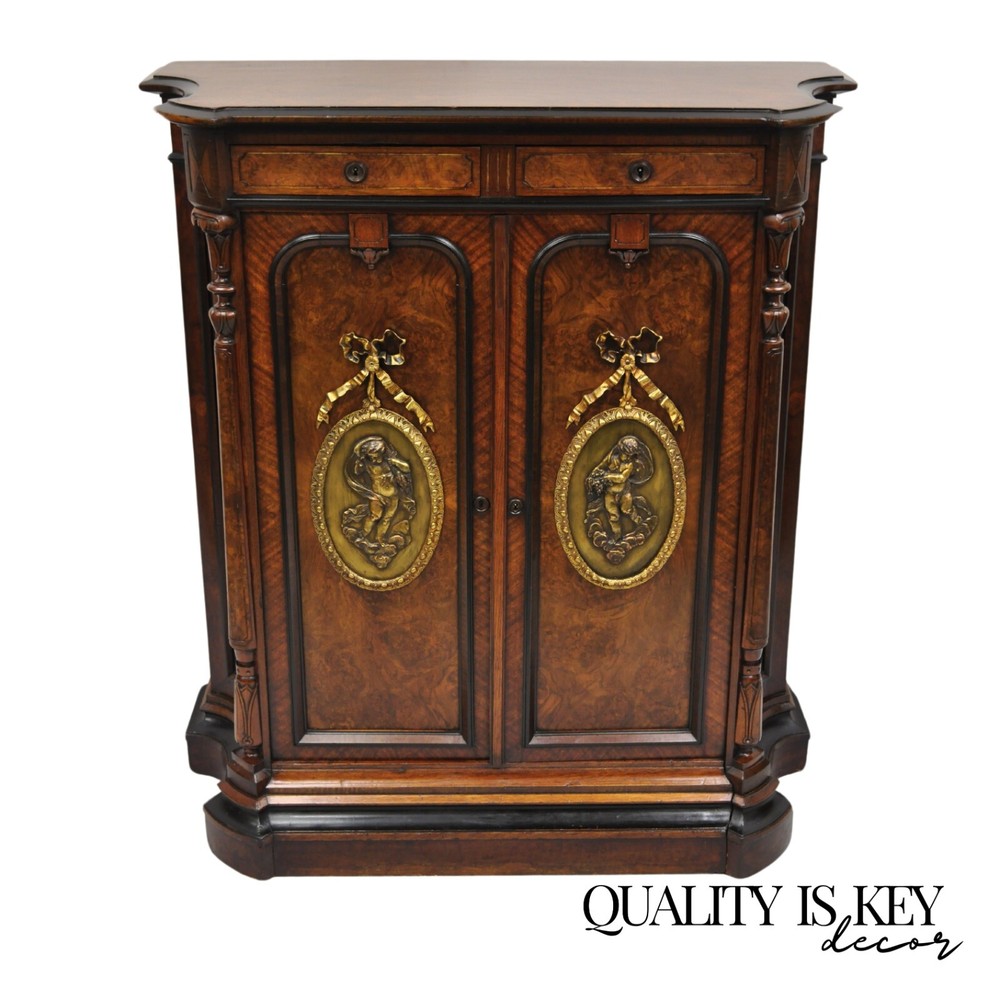 Antique Napoleon III Burl Walnut 2 Door Wardrobe Cabinet with Bronze Plaques