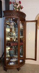 Antique Oak Corner Curio China Cabinet Beveled Glass Carved 80.75″ with Casters