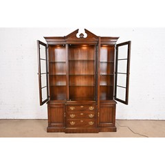 Drexel Heritage Georgian Carved Mahogany Lighted Breakfront Bookcase Cabinet