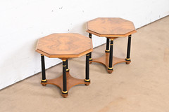 Baker Furniture Neoclassical Burl Wood Parcel Ebonized Gilt Side Tables, Pair