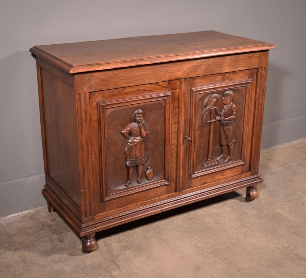 Antique French Cabinet Highly Carved Chestnut Wood w/Boy Girl and Bird (Macaw)