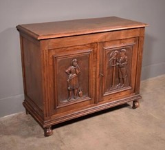 Antique French Cabinet Highly Carved Chestnut Wood w/Boy Girl and Bird (Macaw)