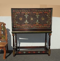 53″ H Antique Spanish Carved Vargueno Bargueno Drop Front Secretary Desk Cabinet