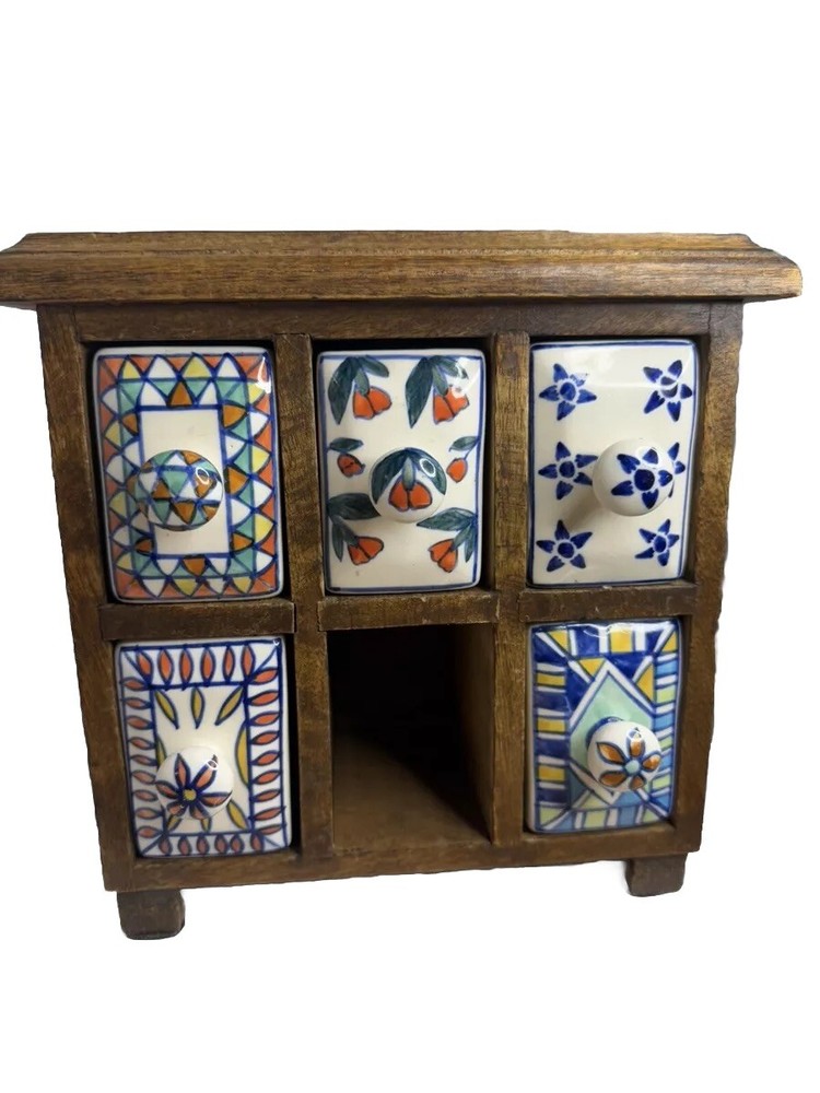 Mini Painted Cabinet Organizer – Wood And Ceramic Colorful – Missing Drawer – E