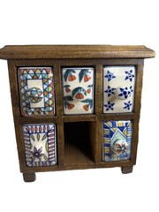 Mini Painted Cabinet Organizer – Wood And Ceramic Colorful – Missing Drawer – E