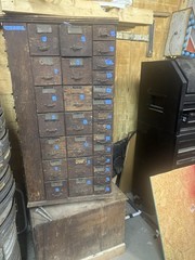 Antique Wooden Drawer Cabinet with Metal Handles, Horse & Mule Shoes Label