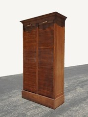 Antique 70″ Tall Double Oak Tambour Doors File Cabinet w 21 Drawers & Keys