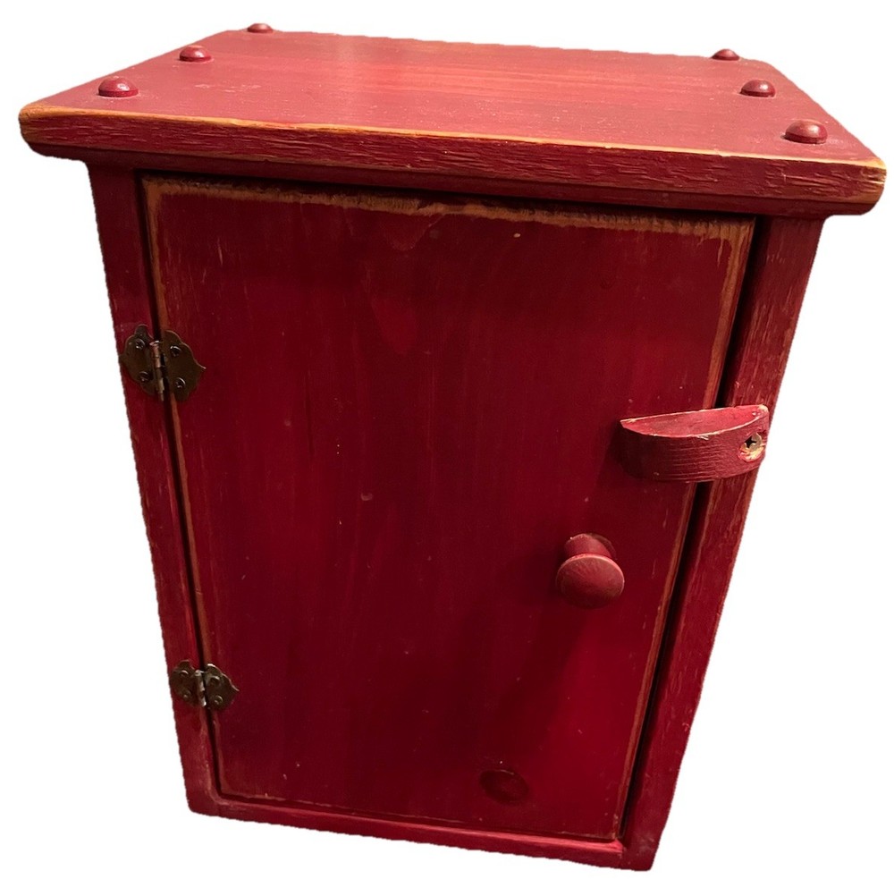 PRIMITIVE RED WOODEN STORAGE CABINET Farmhouse (2) Compartments Rustic 13.75”T