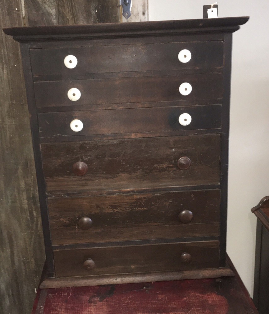 Antique 6 Drawer Wood Cabinet Porcelain Knobs 30×21-1/2×6-1/2