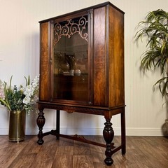 1930s Jacobean Revival Burl Walnut Display Cabinet