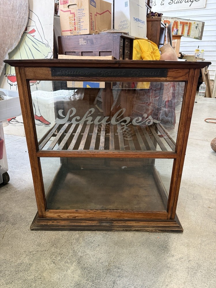 Antique Schulze’s Butter Krust Bread Oak Bakery Display Case Store Countertop
