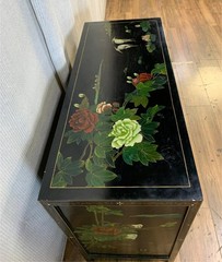 Vintage Chinese Asian Black Lacquer Cabinet Side Entry Table w Stone Onlay
