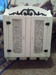 Vintg White Wood Medicine Wall Cabinet Hammered Decorative Tin Doors Oversized