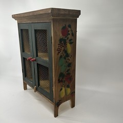 Antique 1890’s Hand-Painted Wooden Mini Cabinet Fruit Motifs Wire Mesh Doors.