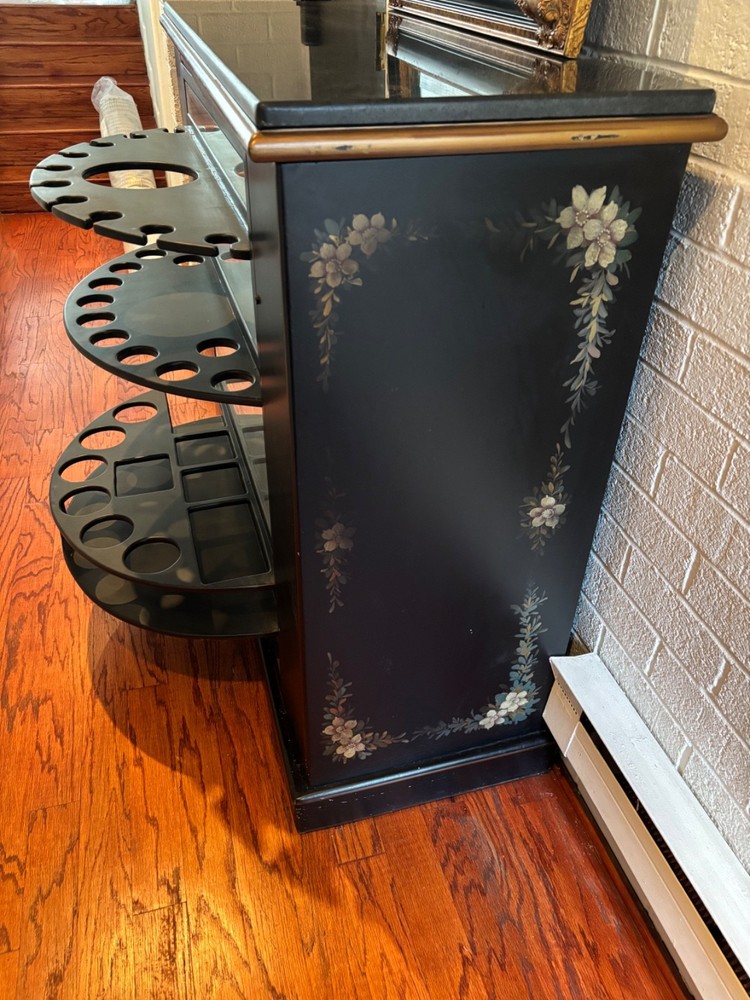 Black with Black Marble Top Oriental Bar Cabinet 17D”x45Wx42H. Plenty of storage