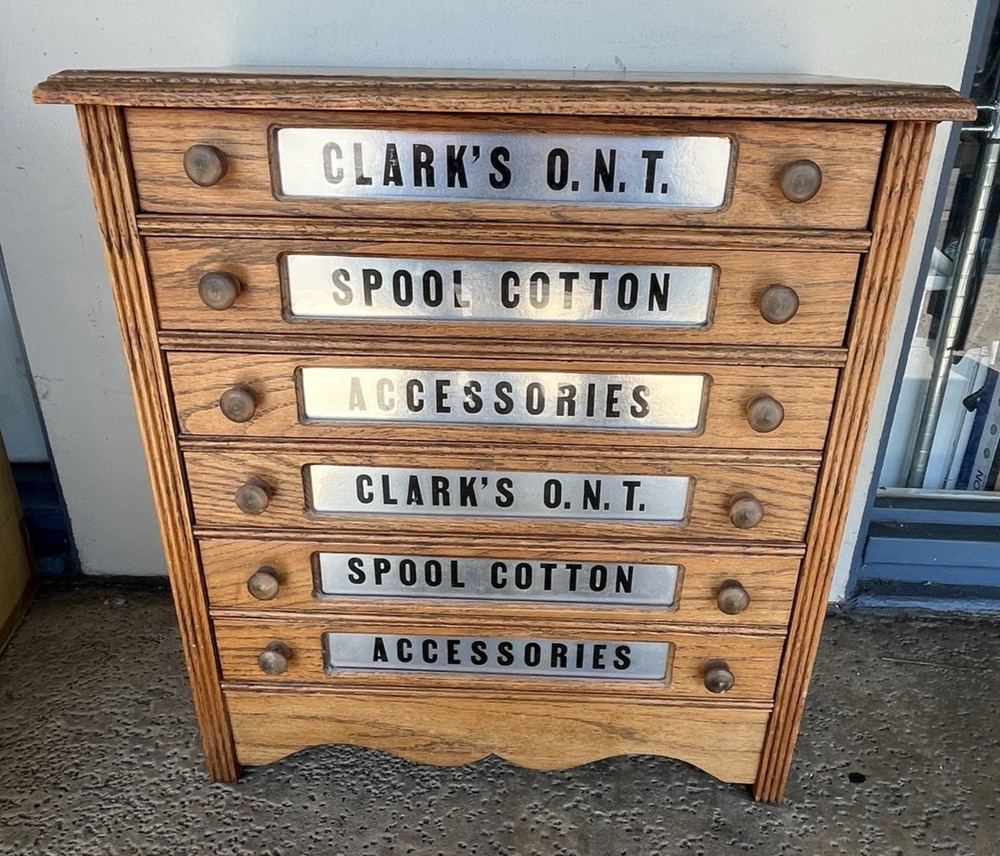 Antique Clark’s O.N.T. Spool Cotton Oak Store Display Cabinet Sewing Notions