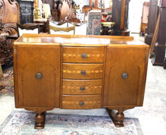 English Antique Inlaid Oak Art Deco Sideboard / Small Buffet / Bar Cabinet
