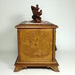 Antique Swiss Black Forest Hand Carved Wood Cigar Cabinet Box, Birds