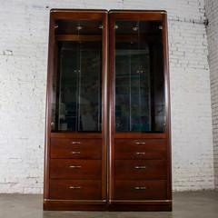 Modern Pair Lighted Display Cabinets by Bassett Furniture Cherrywood & Brass