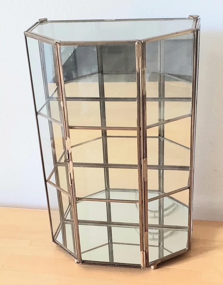 Vintage Brass Mirrored Glass Feature Display Case Curios Tabletop Cabinet 13″ T