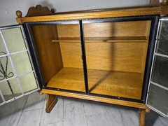 Antique Victorian Arts & Crafts Gothic Oak Cabinet Table with Glass Iron Doors