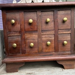 Antique Apothecary Spice Chest, Footed Horizontal Cabinet, 8 Drawers Brass Knobs