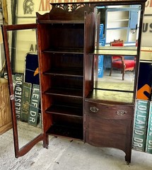 Antique 65×40 Walnut Cabinet w/ 2 Mirrors 6 Shelves Rounded Drawer & Glass Door