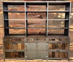 Industrial Credenza w/ Hutch Reclaimed Wood Welded High End Brutalist 96″ TALL!