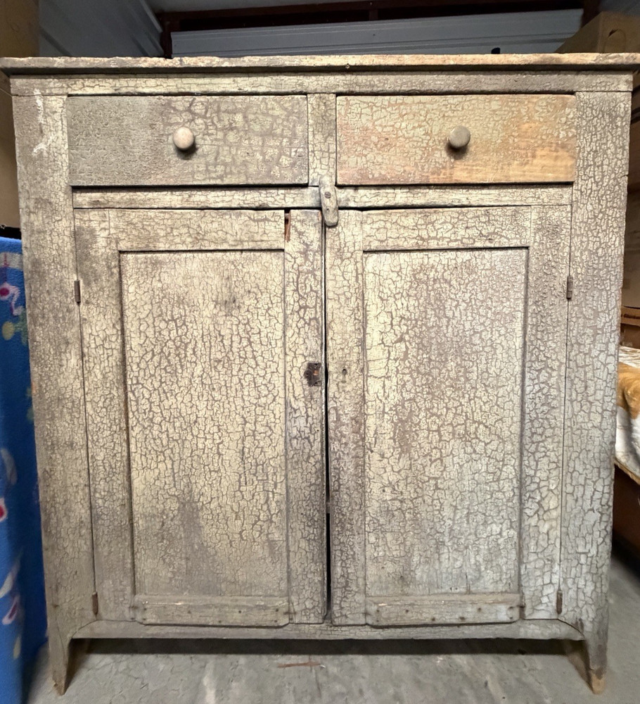 Primitive Jelly Cabinet / Cupboard 44″ x 47.5″ Original Grey/Green Paint