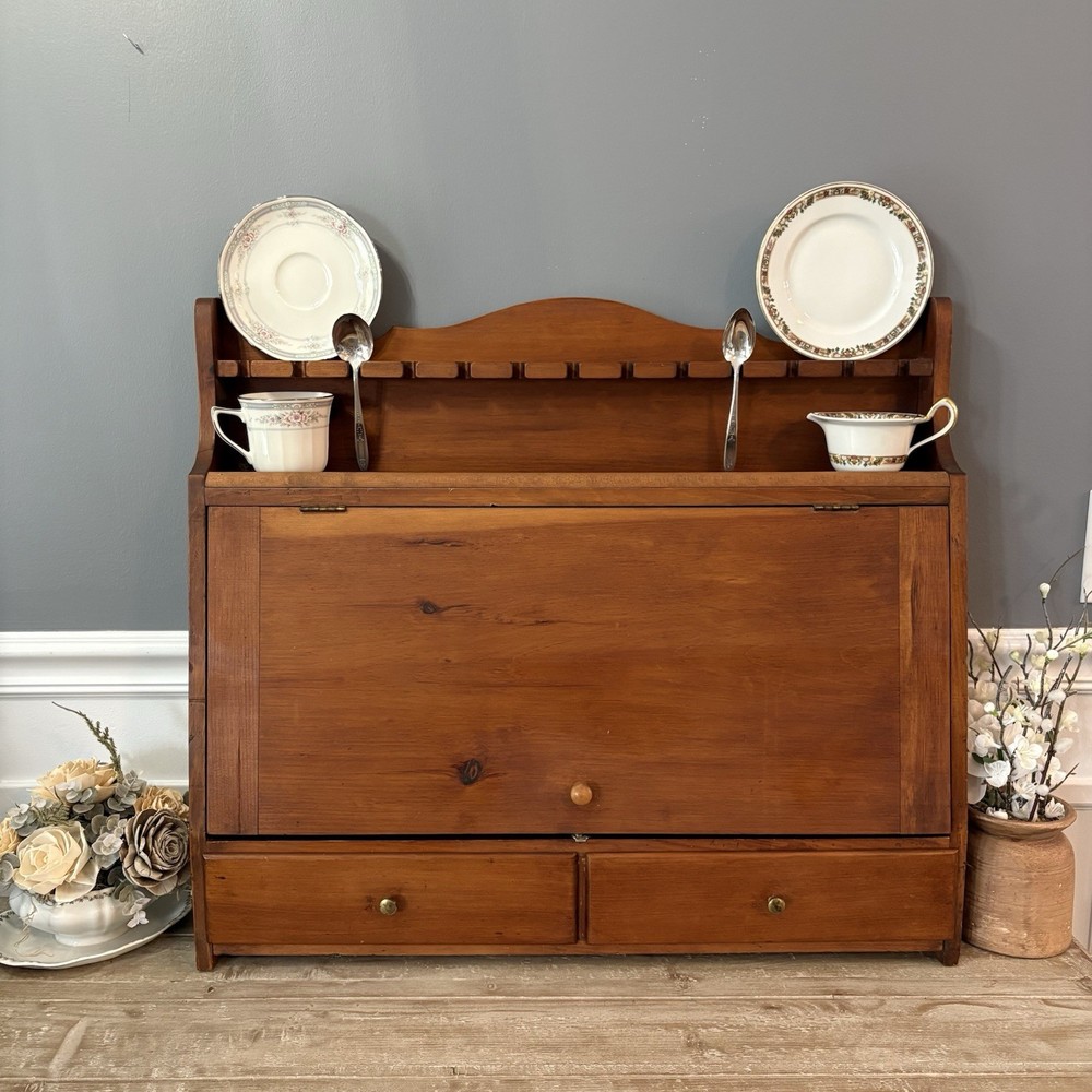 Antique Wood Silverware Wall Storage Cabinet W 2 Drawers Flatware Chest RARE VTG