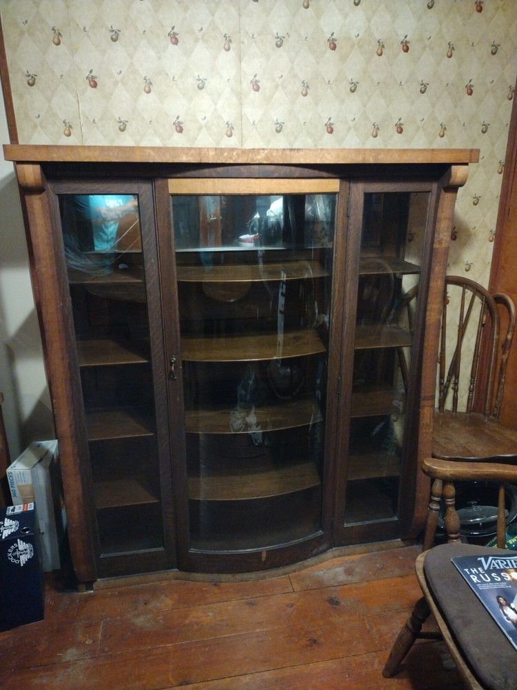 Antique Victorian Empire Oak China Cabinet Bow/Curved Glass Front 62H x42W x16D