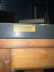 c1920 vintage birch upright vitrine like Cabinet E H Sheldon Co. 80”h x 71 x 18”