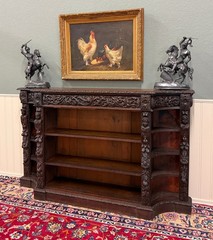 Antique French Renaissance Revival Style Carved Bookcase Bookshelf Oak c.1890s