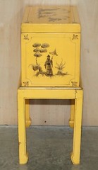 ANTIQUE JAPANNED YELLOW ORIENTAL SIDE CHEST ON STAND HAND PAINTED & LACQUERED