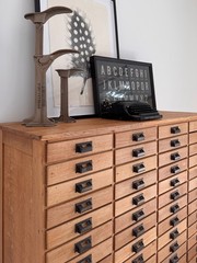 Antique 1890s Oak Apothecary Cabinet, Tin Drawer Chest, Retail Storage Cabinet