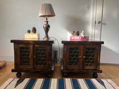 Antique Wood Bedside Cabinets with Glass Doors, Carvings, Brown, Pair