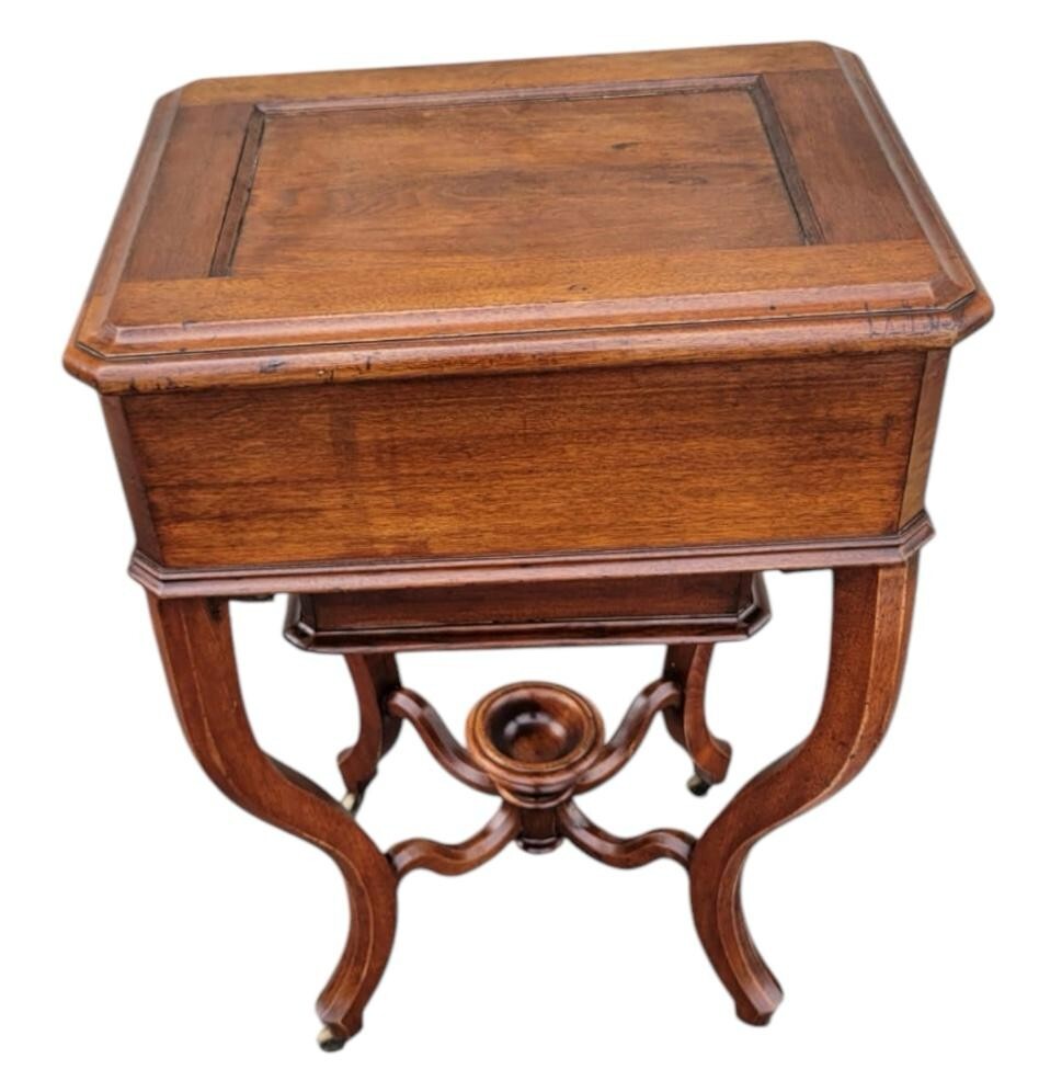 19th C. American Victorian Solid Walnut Sewing Cabinet Jewelry Box Stand /Mirror