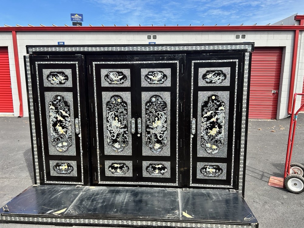 Black Wood Free-Standing Cabinet w/ Red Interior, 4 Doors, 4 Drawers, Shelf