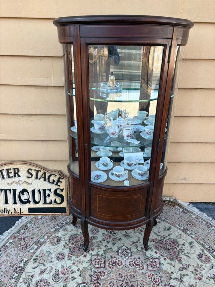 65301 Vintage Bow Front Curio Cabinet with Inlaid Mahogany Design